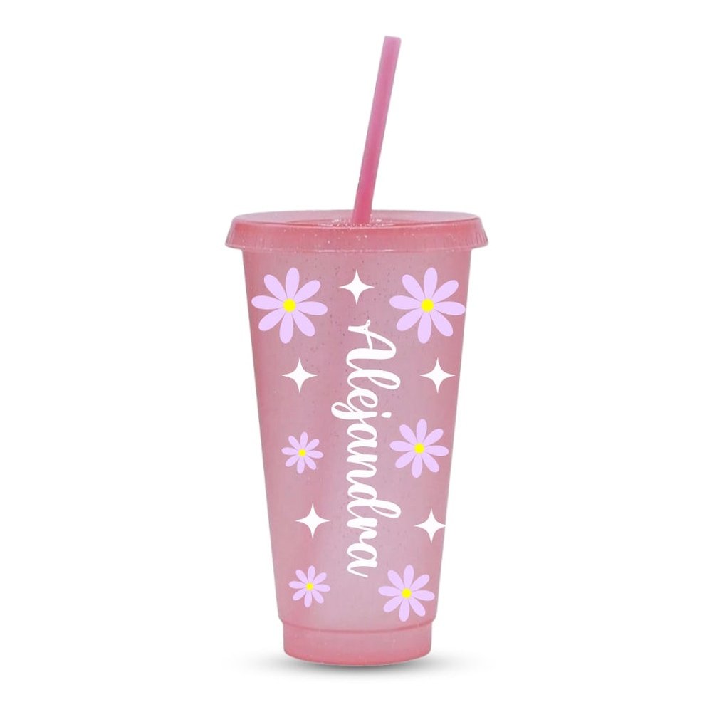 Vaso de plástico rosa con brillo de tamaño grande con tapa y pajita personalizado con tu nombre y diseño de margaritas