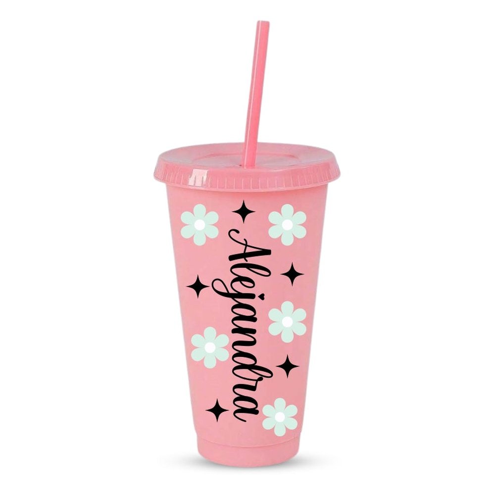 Vaso de plástico rosa de tamaño grande con tapa y pajita personalizado con tu nombre y diseño de margaritas azules