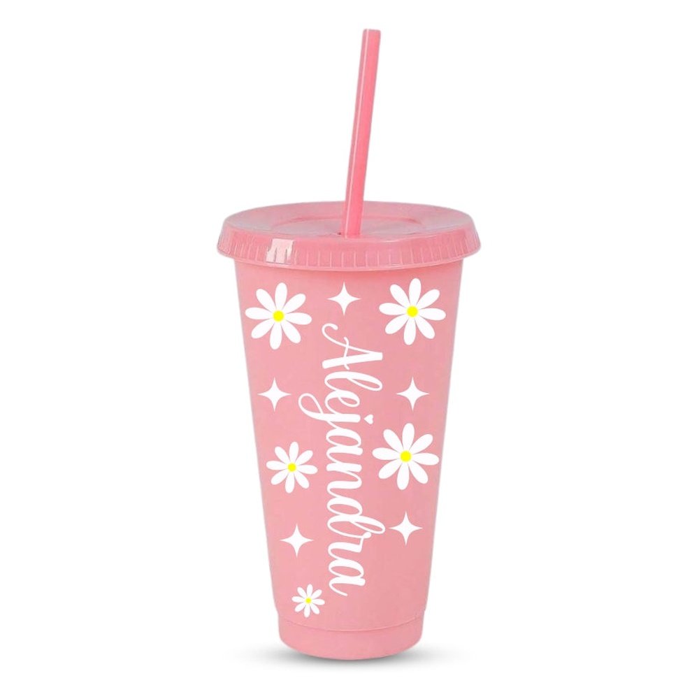 Vaso de plástico rosa de tamaño grande con tapa y pajita personalizado con tu nombre y diseño de margaritas