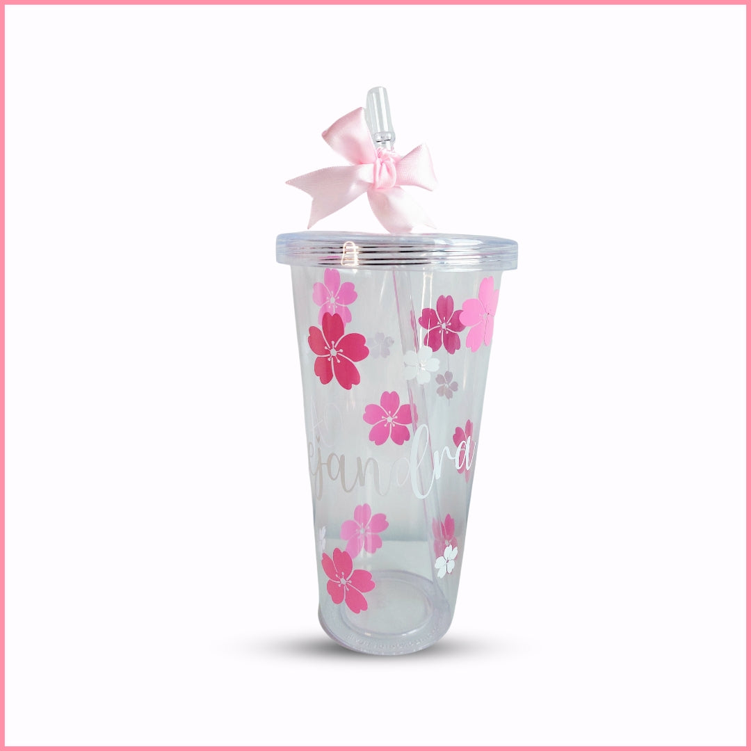 Vaso de plástico transparente con tapa y pajita de tamaño grande personalizado con tu nombre y diseño Sakura 