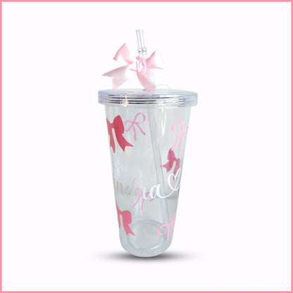 Vaso de plástico transparente de tamaño grande con tapa y pajita personalizado con tu nombre y diseño de lazos de color rosa