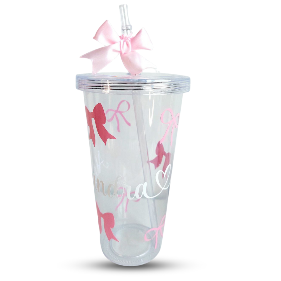 Vaso transparente con tapa y pajita personalizado con tu nombre y diseño de lazos de colores rosa